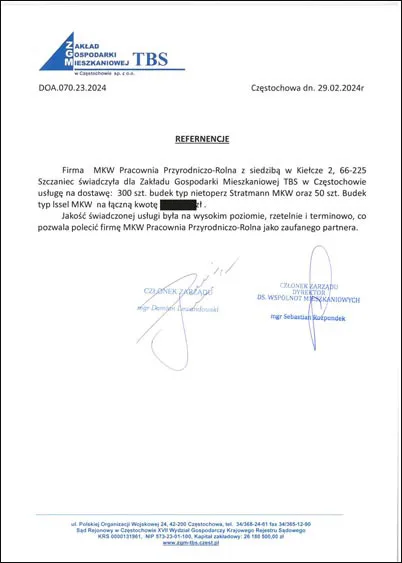 Referencje Miasto Opole dostawa i montaż 50 budek lęgowych dla jerzyka